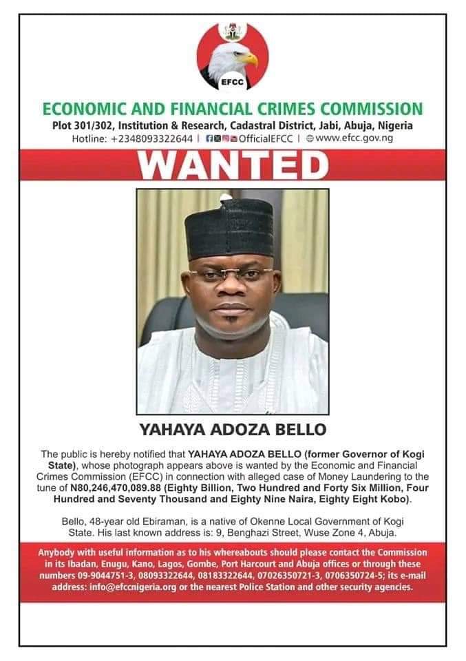 FG Tightens Noose on Fugitive Yahaya Bello, Withdraws His Police Security, NIS Places Him on Watchlist
