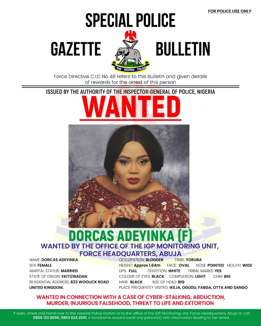 Police Declares Social media Socialite, Dorcas Adeyika Wanted for ‘Murder, Extortion’